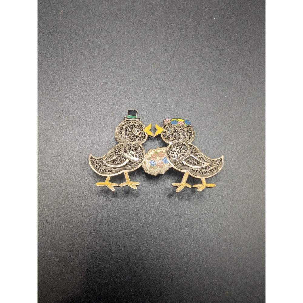 Vintage Topazio Sterling Silver Brooch Kissing Ducks Filligree Enamel